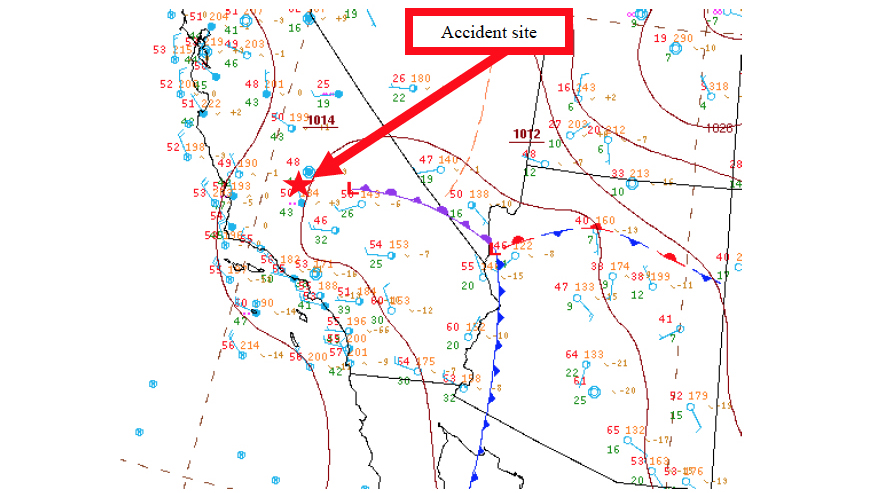 The Surface analysis chart shows the accident site was just west of an occlusion, where overcast skies prevailed. Light rain was falling, and the temperature/dewpoint spread was 2 degrees Celsius. 