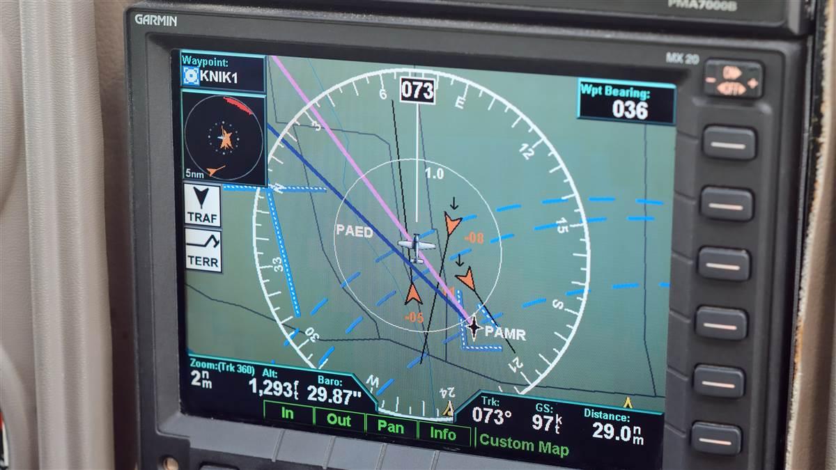 Jim Cieplak’s Garmin MX20 display shows several targets between Elmendorf Air Force Base and Merrill Field Airport in Anchorage.