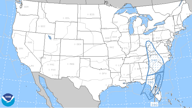 The Traffic Flow Management Convective Forecast (TCF) chart is produced every two hours, with areas of storm coverage predicted at four, six, and eight hours after issuance time.