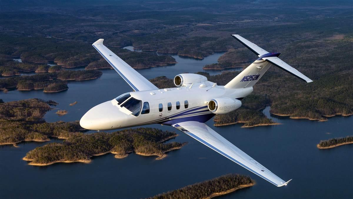 The M2 has a straight wing, LED exterior lights, winglets, Williams engines, and a conventional Citation nose design with bleed-air windshield heat. Inside, avionics use touchscreen controllers.