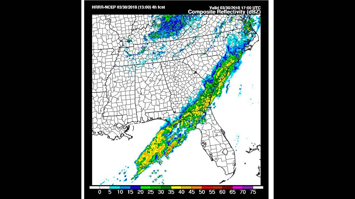 A high-resolution rapid refresh model showing the predicted location and severity of storm cells in a line of precipitation exiting the East Coast.