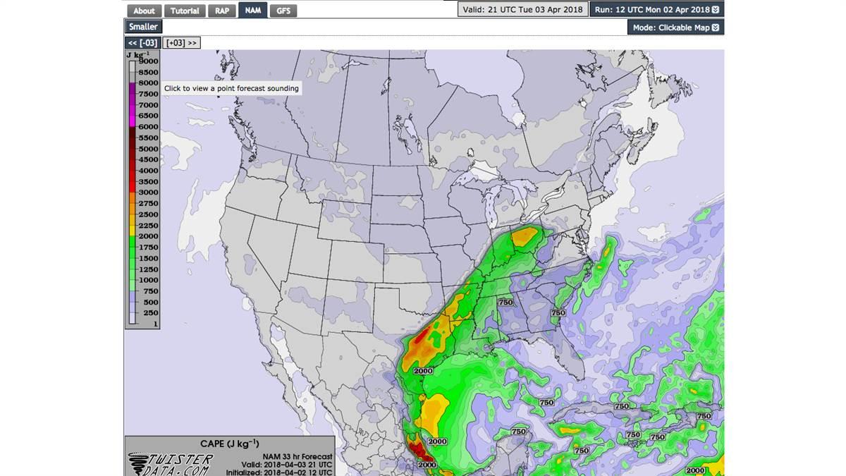 Twisterdata’s website lets you choose among three different forecast models, and can show areas where CAPE (Convective Available Potential Energy) is highest. On this chart, CAPE is conducive to strong thunderstorms in east Texas.