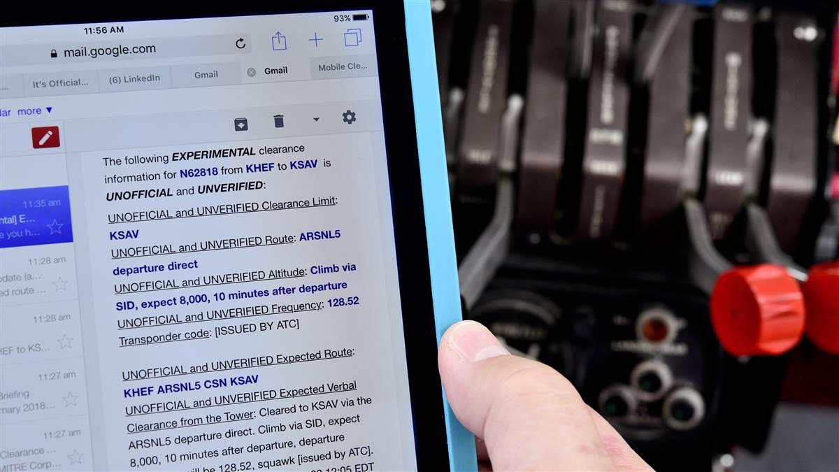 The pilot of a Piper Aztec compares his expected clearance email with the clearance issued by clearance delivery. A recent test evaluated clearances delivered by mobile devices.