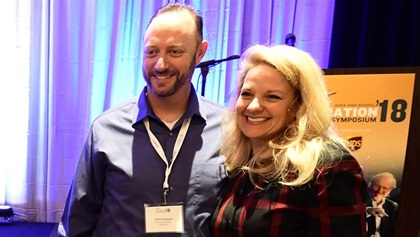 SpaceX CEO Gwynne Shotwell (at right) poses for photos after presenting a keynote address during the AOPA High School Aviation STEM Symposium.