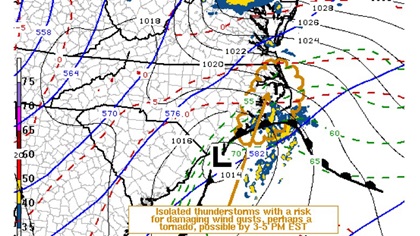 A Mesoscale Discussion (MD) analyzes the coastal low—now more of a nor’easter—and shows strong thunderstorms over the Cape Hatteras area.