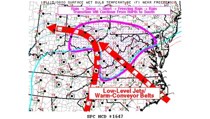 MD #1647 highlights warm low-level jet streams as the coastal low moves inland. Beneath this warm air is a subfreezing layer near the surface.