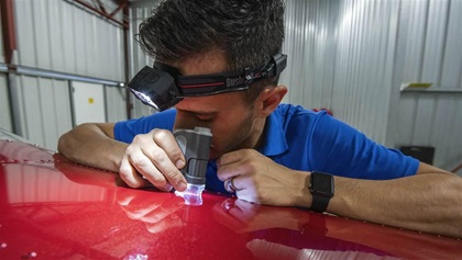 A close inspection identifies archival swirls from previous polishing of the Vans RV-12—all of which can be eliminated by the paint restoration process.