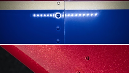 A before (top, right side) and after (top, left side) section of the Bonanza’s deep blue and stripes demonstrate the impact of the restoration process (top). The RV-12’s metallic finish dazzles after the ceramic application—and simplifies cleaning (above)