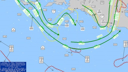 High-level significant weather charts identify jet stream flows with green arrows. This chart describes the situation between FL250 and FL630. Areas of turbulence are outlined with dashed yellow lines. The height of the tropopause is abbreviated with three digits within the small outlined boxes. For example, “270” indicates a height of FL270, or about 27,000 feet.