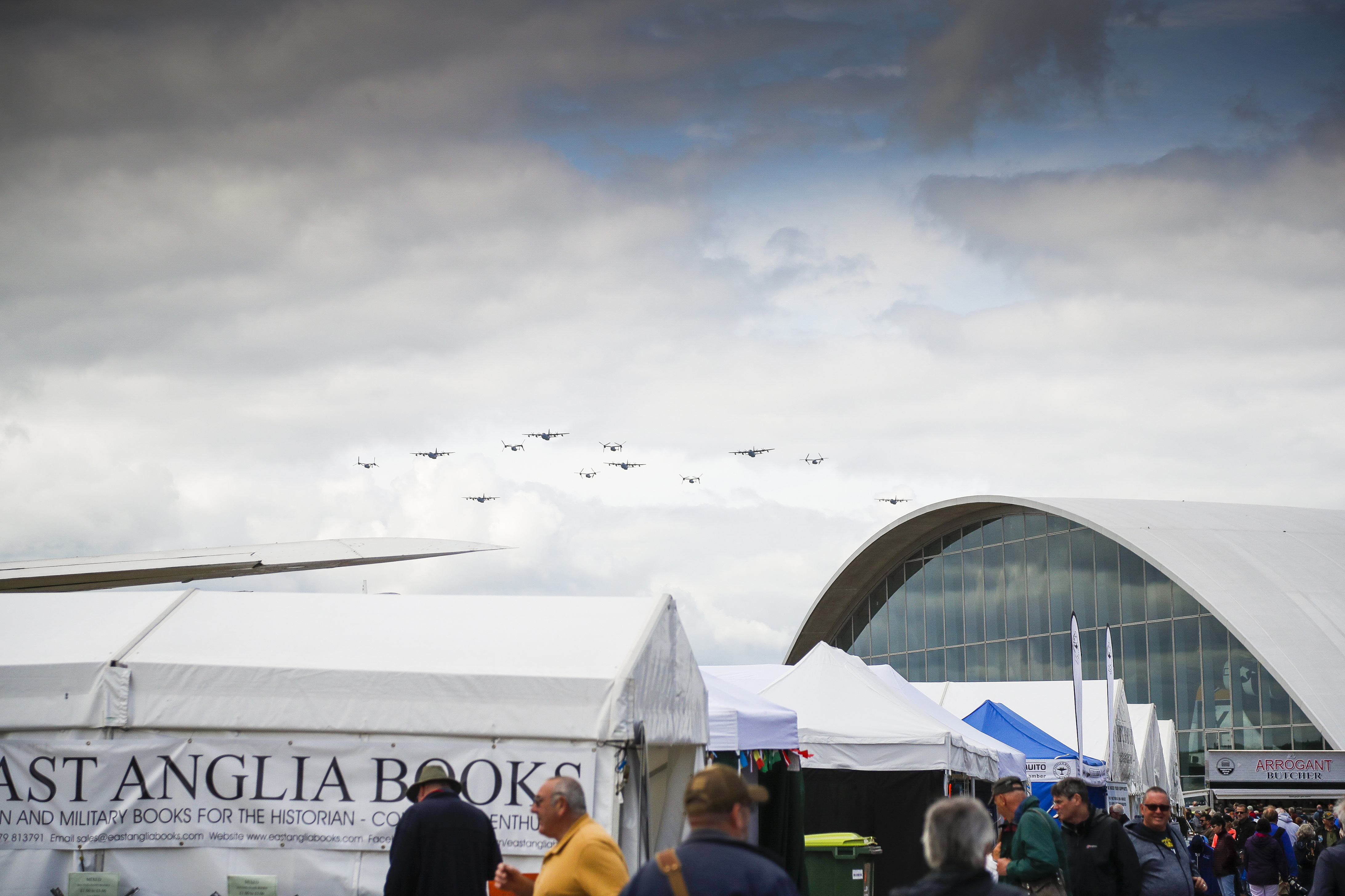 A practice formation flight roars over the Imperial War Museum in Duxford.