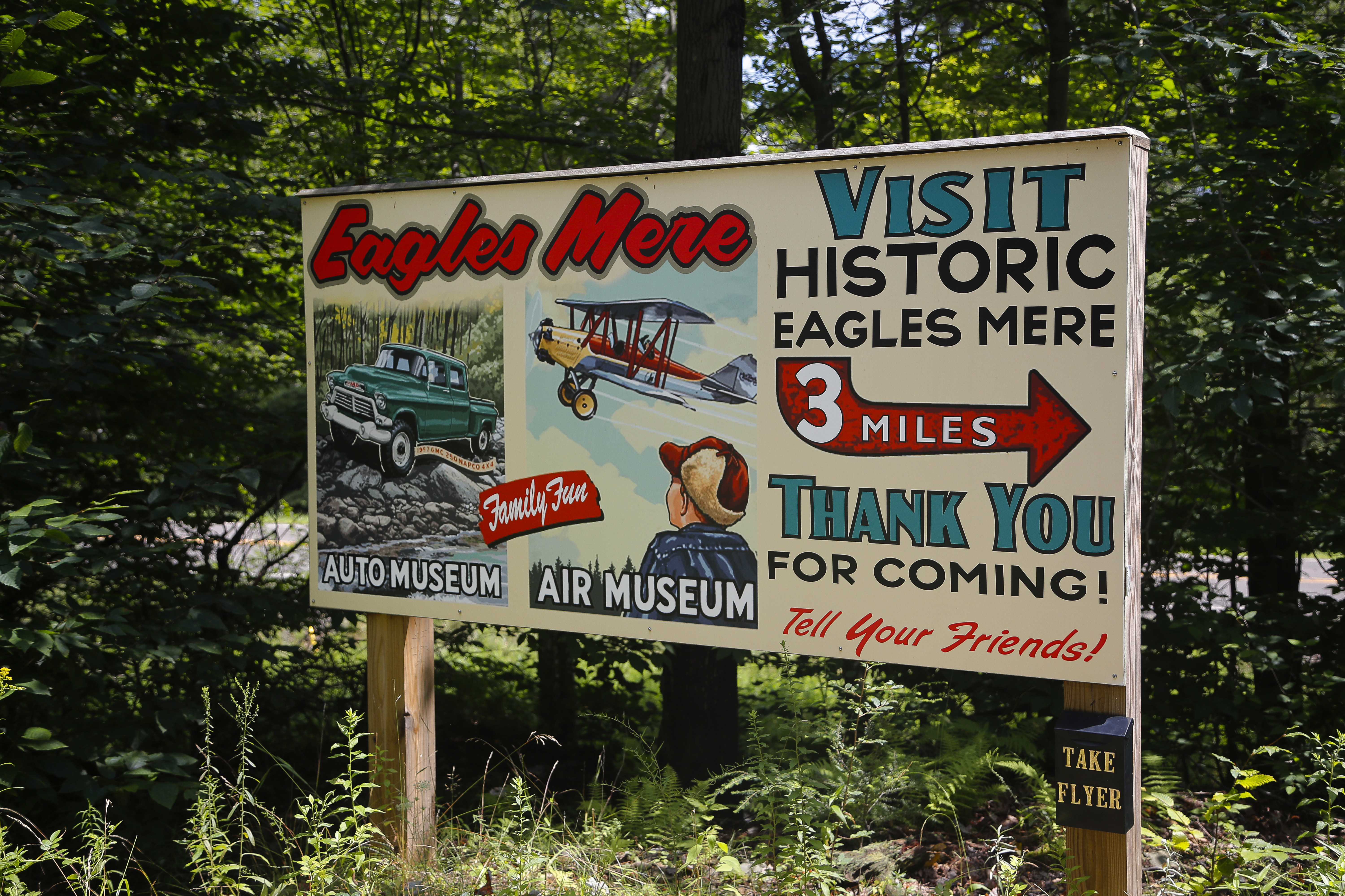 A vintage style sign greets visitors to Eagles Mere.