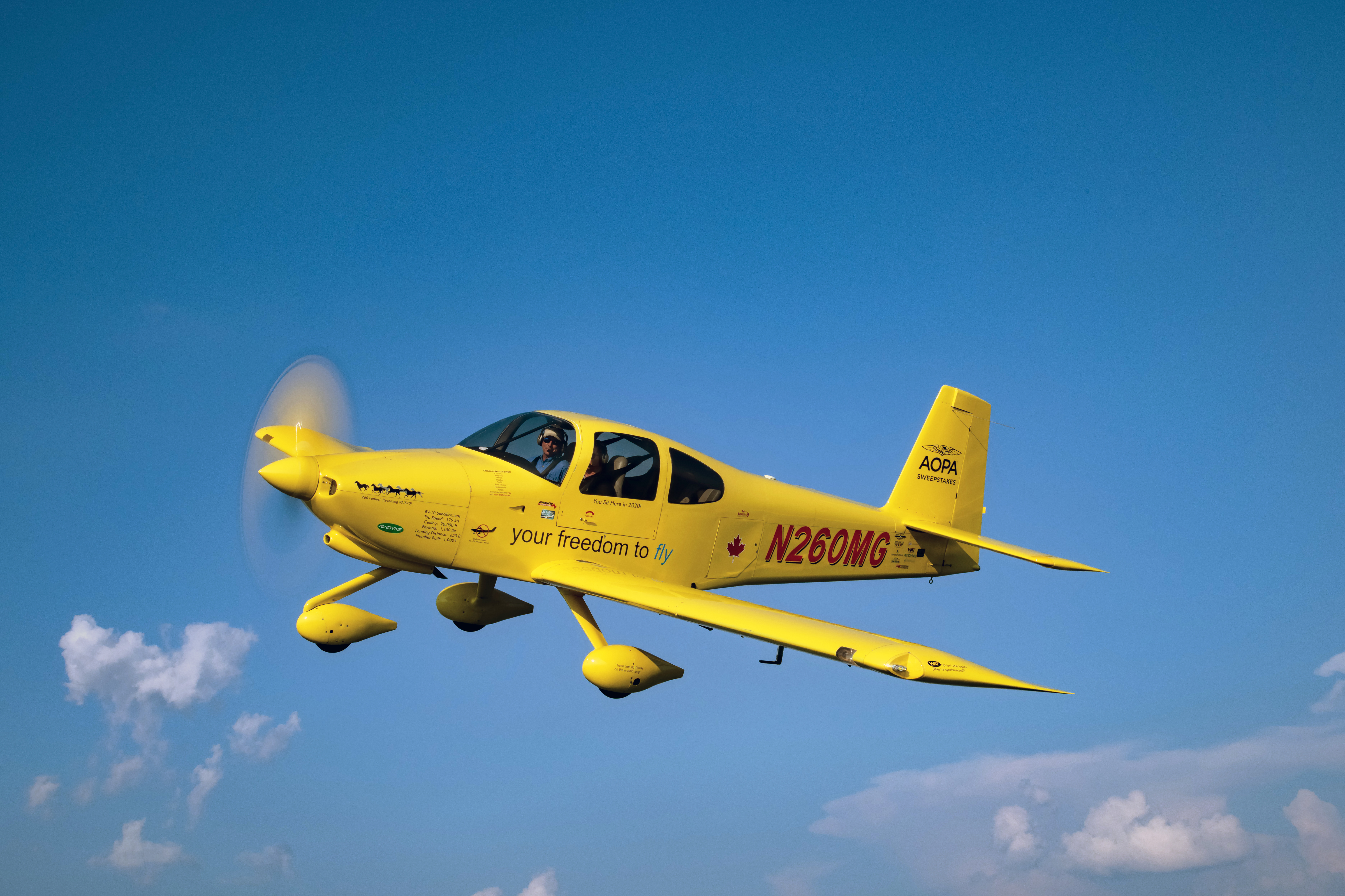 The RV–10 has since been outfitted with temporary decals highlighting features of the sweepstakes airplane.