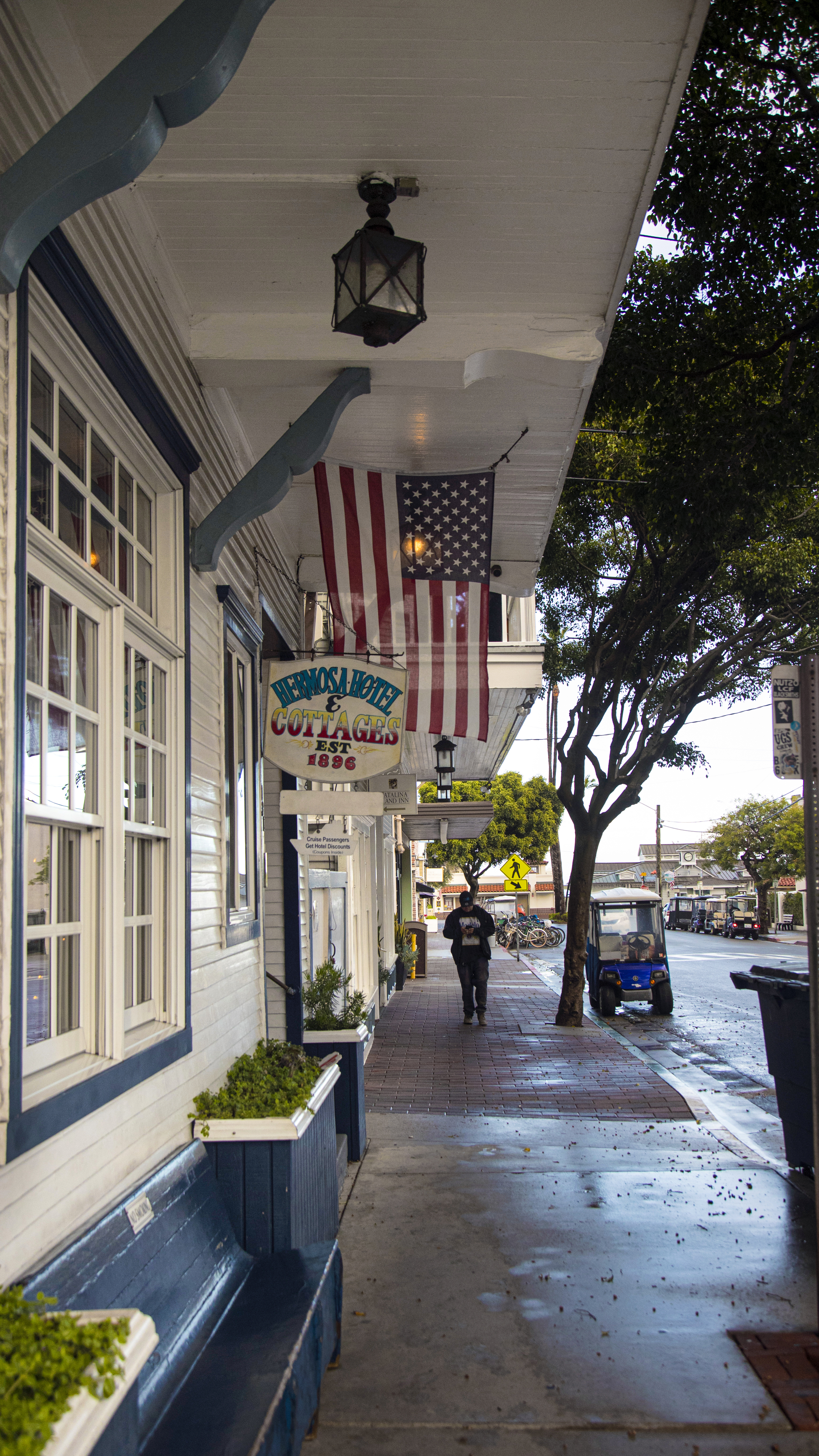 The cozy streets of Avalon, no cars in sight. 