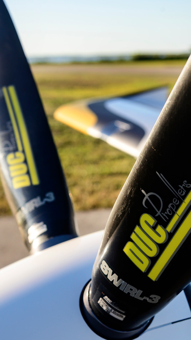 A four-blade DUC Helices carbon composite propeller helps give the Bristell a brisk climb rate of 1,200 to 1,500 feet per minute.