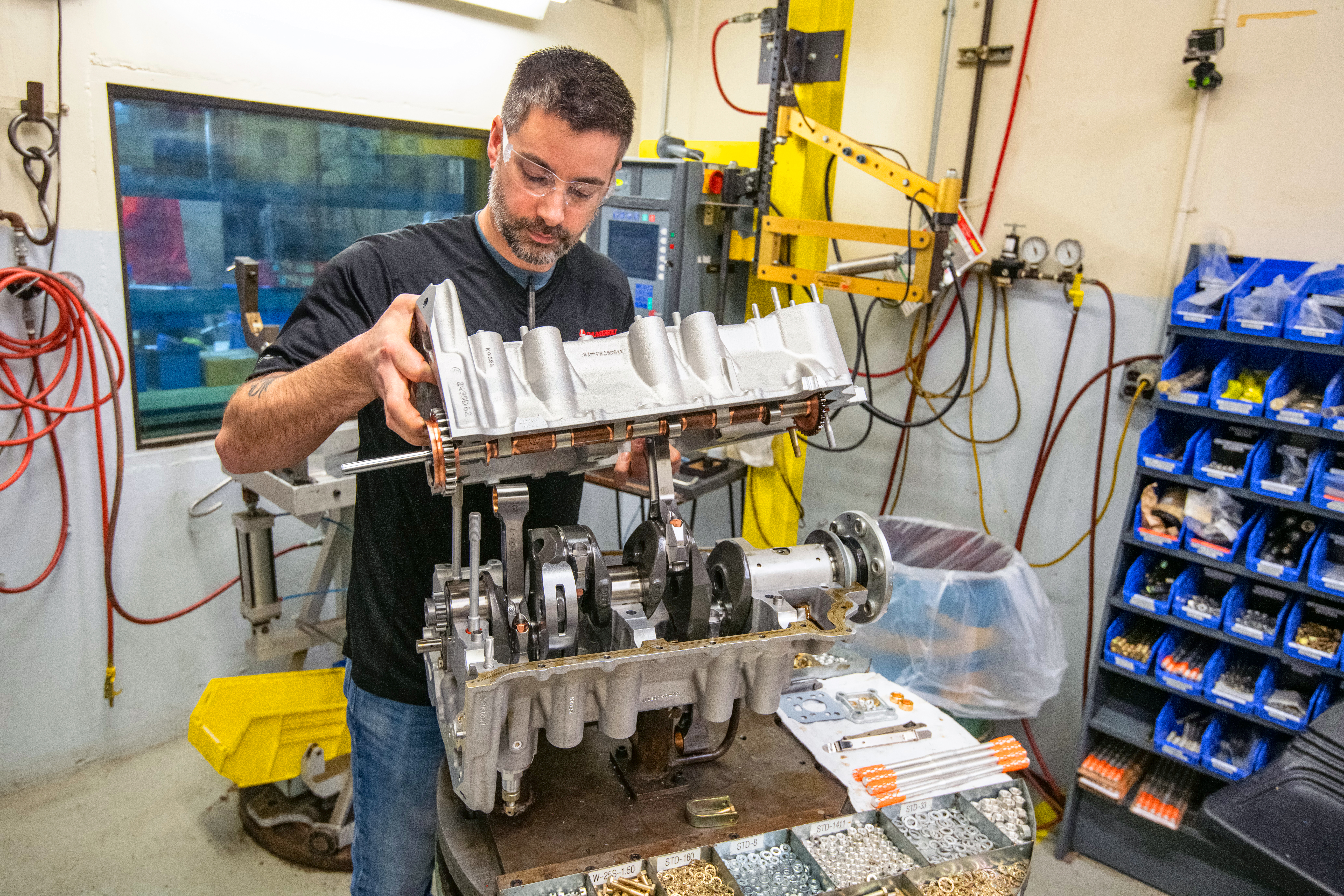 Paul Zener joins the case halves of an IO-390 engine—one of Lycoming’s most popular models.