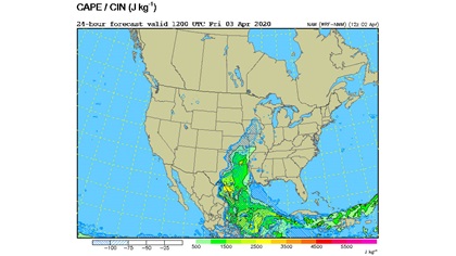 CAPE can Also be shown on a political map, making it easier to visualize areas likely to experience thunderstorms. CIN refers to convective inhibition—a measure of the energy acting to prevent air parcels from rising. Areas having strong temperature inversions can have caps of warm air that prevent vertical motions through them—unless there’s enough force behind them to 'break' the cap and release convective energy. This happens at what’s called the level of free convection (LFC).