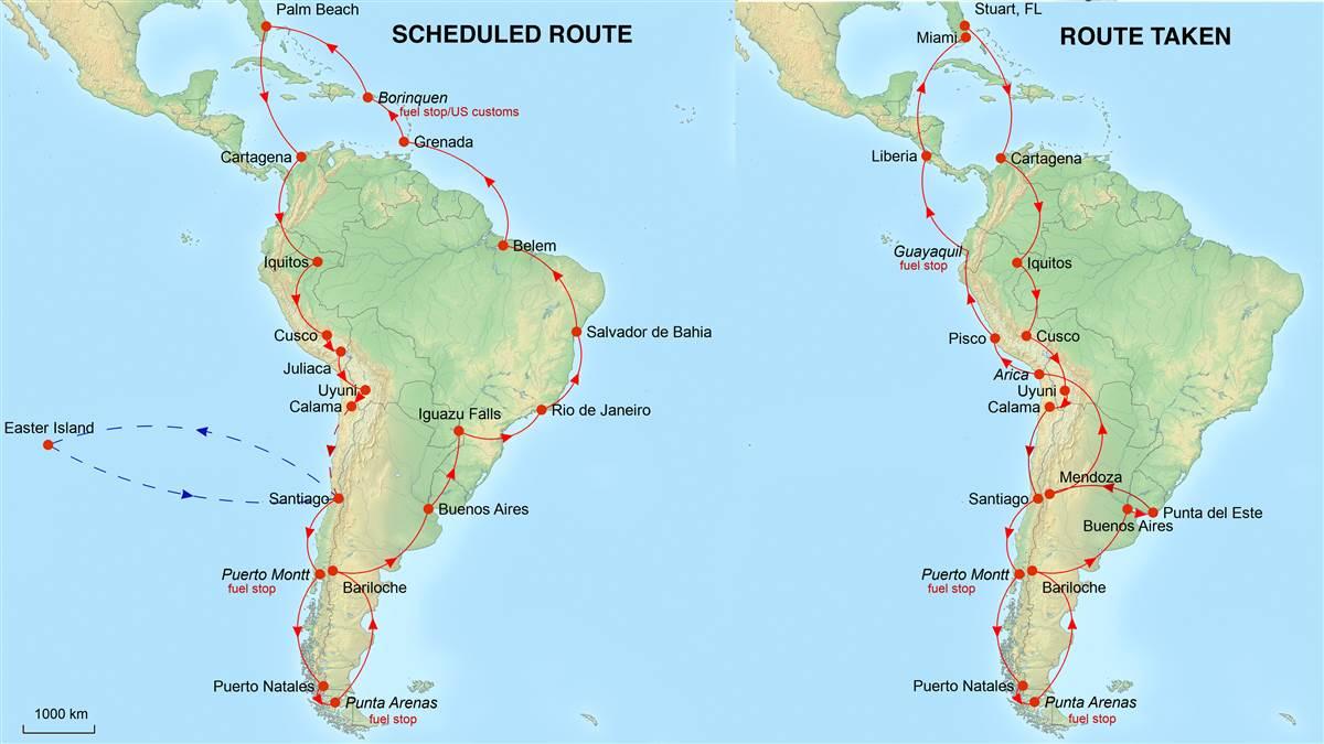 The route was planned to travel around the circumference of South America, but once COVID-19 struck, the route was amended for the return flights via Guayaquil, Ecuador. 