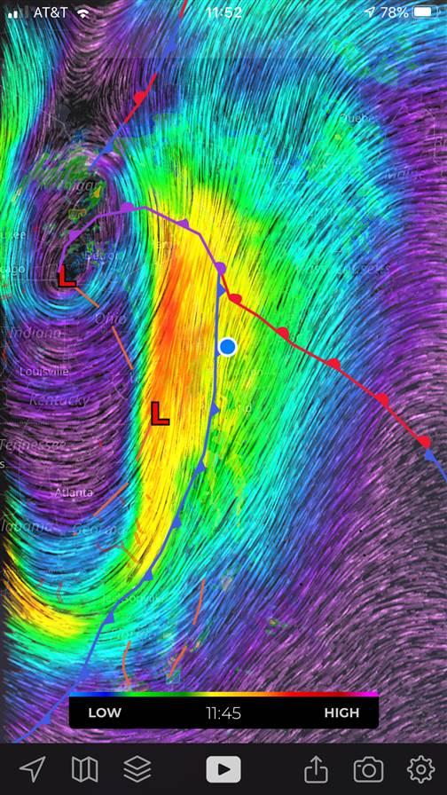 The frontal complex nears its end as the central low pressure and its occluded front migrate north of the stronger jet stream winds aloft—shown here superimposed over the surface fronts. 