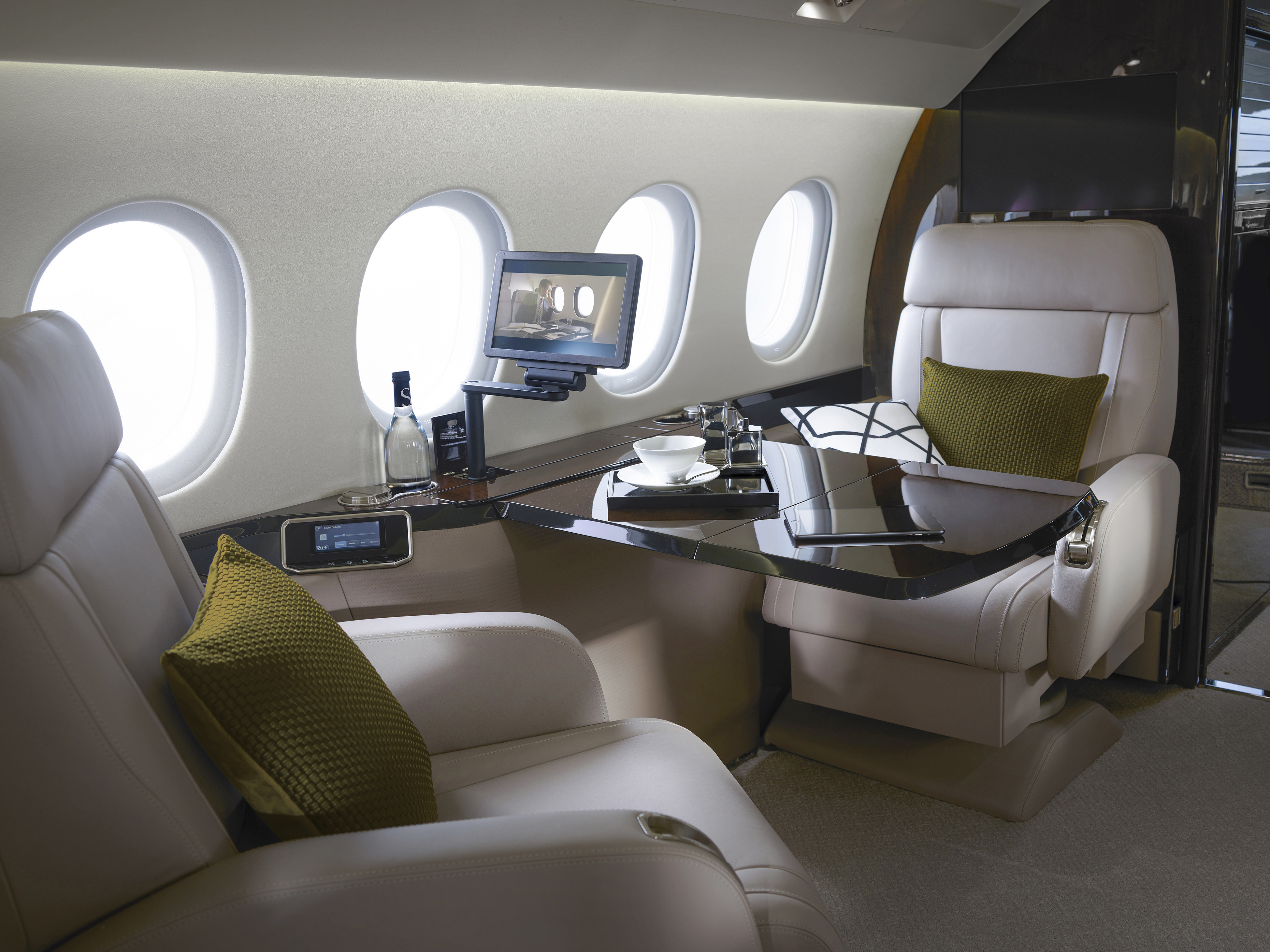 Also, more private groupings of larger, more luxurious seats (Dassault Falcon 900LX); entertainment areas, bedrooms, galleys, lavatories, and crew rest areas. 
