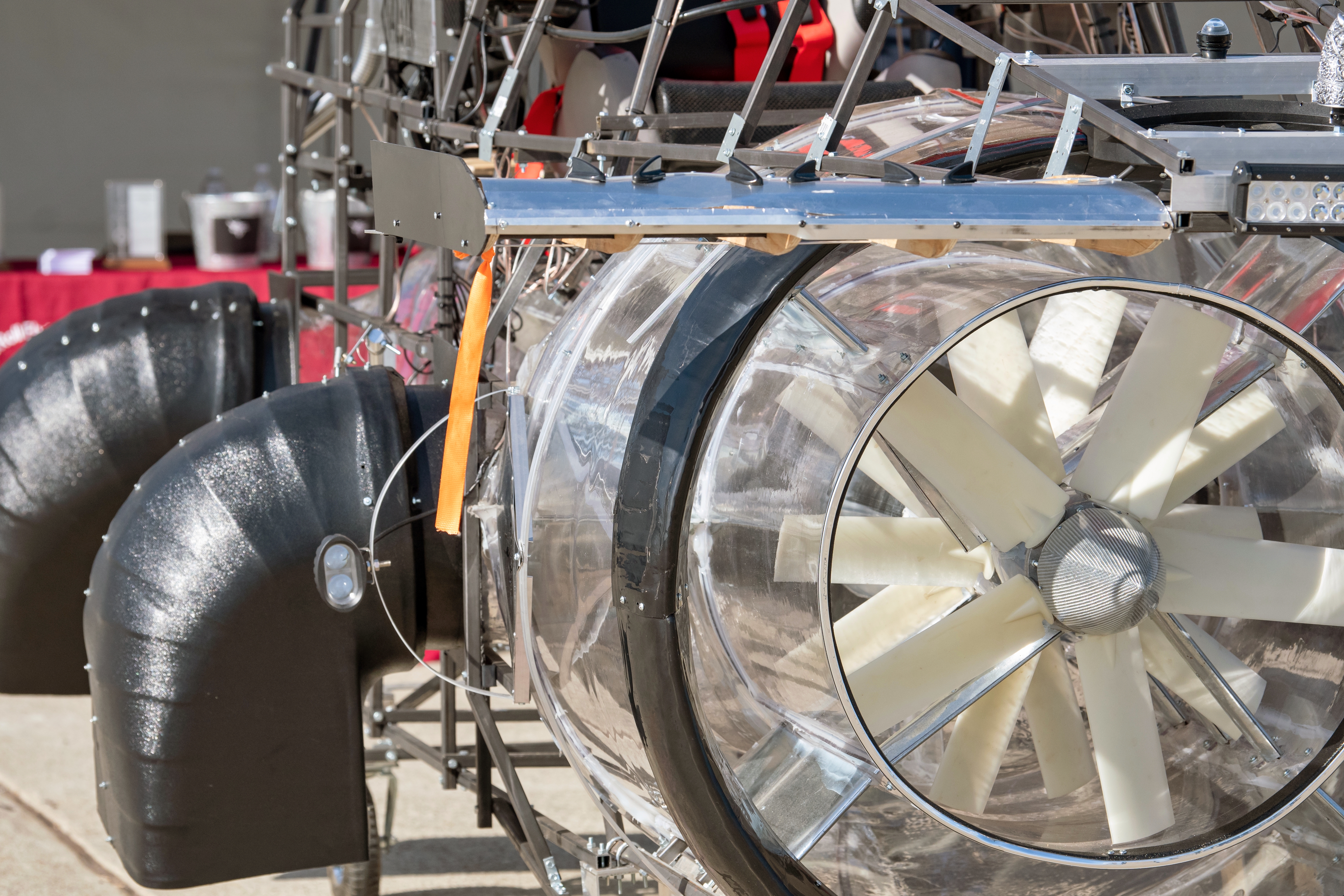 Anthony Windisch has been working on the design for his Aircycle, through scale models, for 34 years. His GoFly Prize entry is the first full-size version. A gasoline engine powers the dual ducted fan propulsion system. He said he had not yet attempted to fly the full-scale craft.