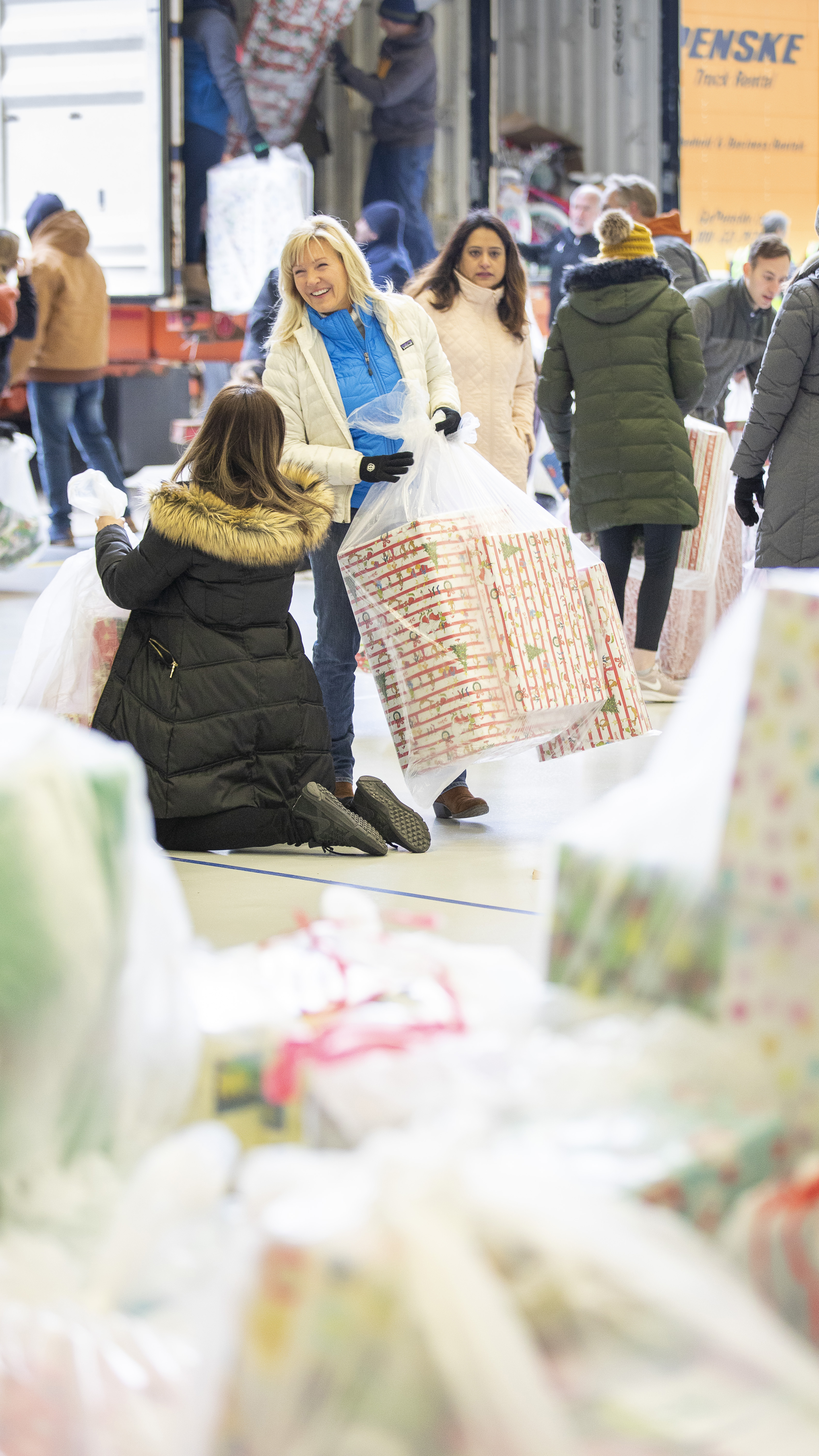 There’s a festive atmosphere as presents are sorted.