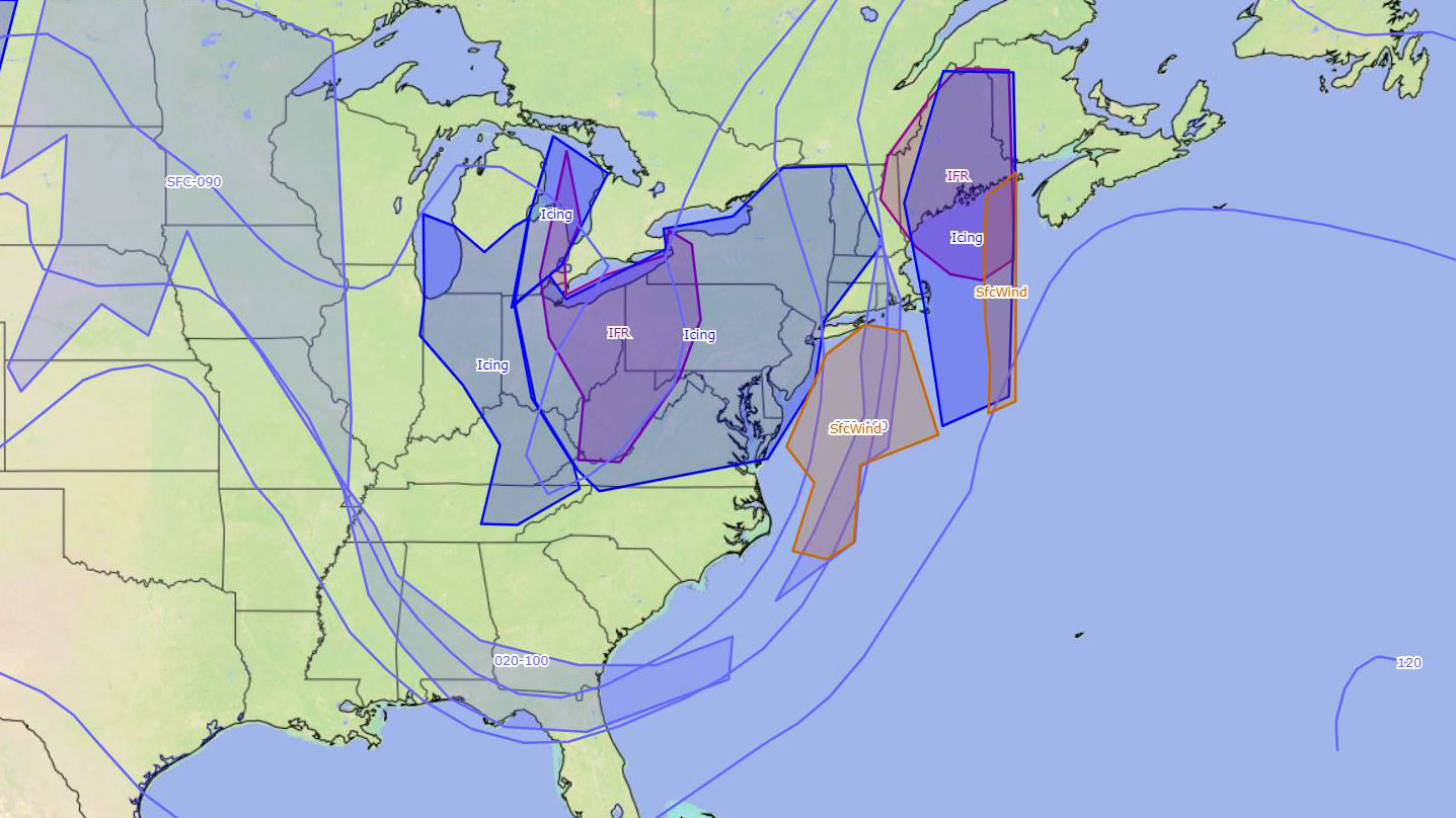 For December 1, IMC and icing airmets were posted over 22 states, along with warnings for strong surface winds. Freezing levels from 2,000 to 10,000 feet msl extended as far south as Georgia, Florida, Mississippi, and Tennessee.