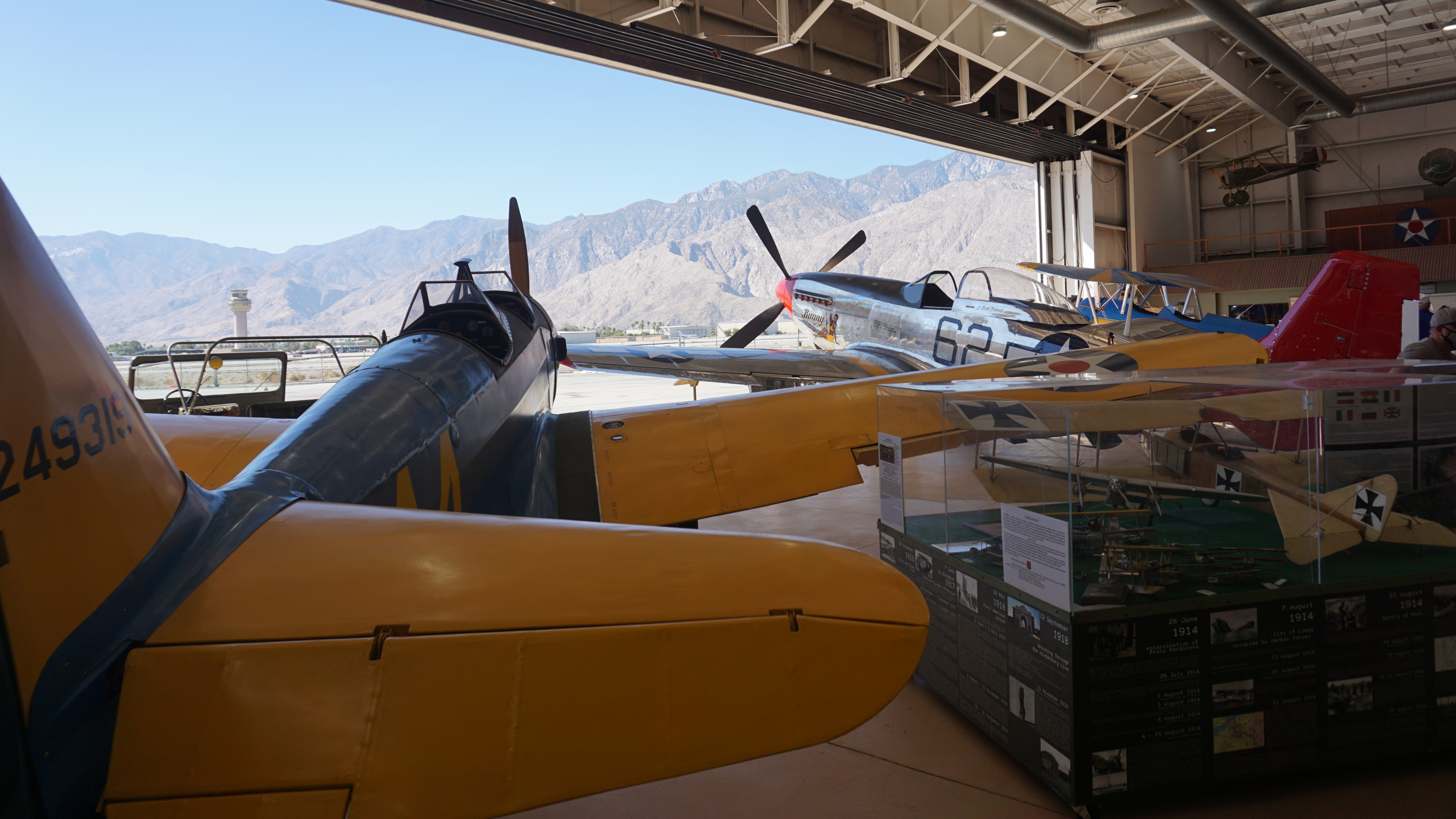 Looking out of the Palm Springs Air Museum’s World War II hangar toward the San Jacinto mountains