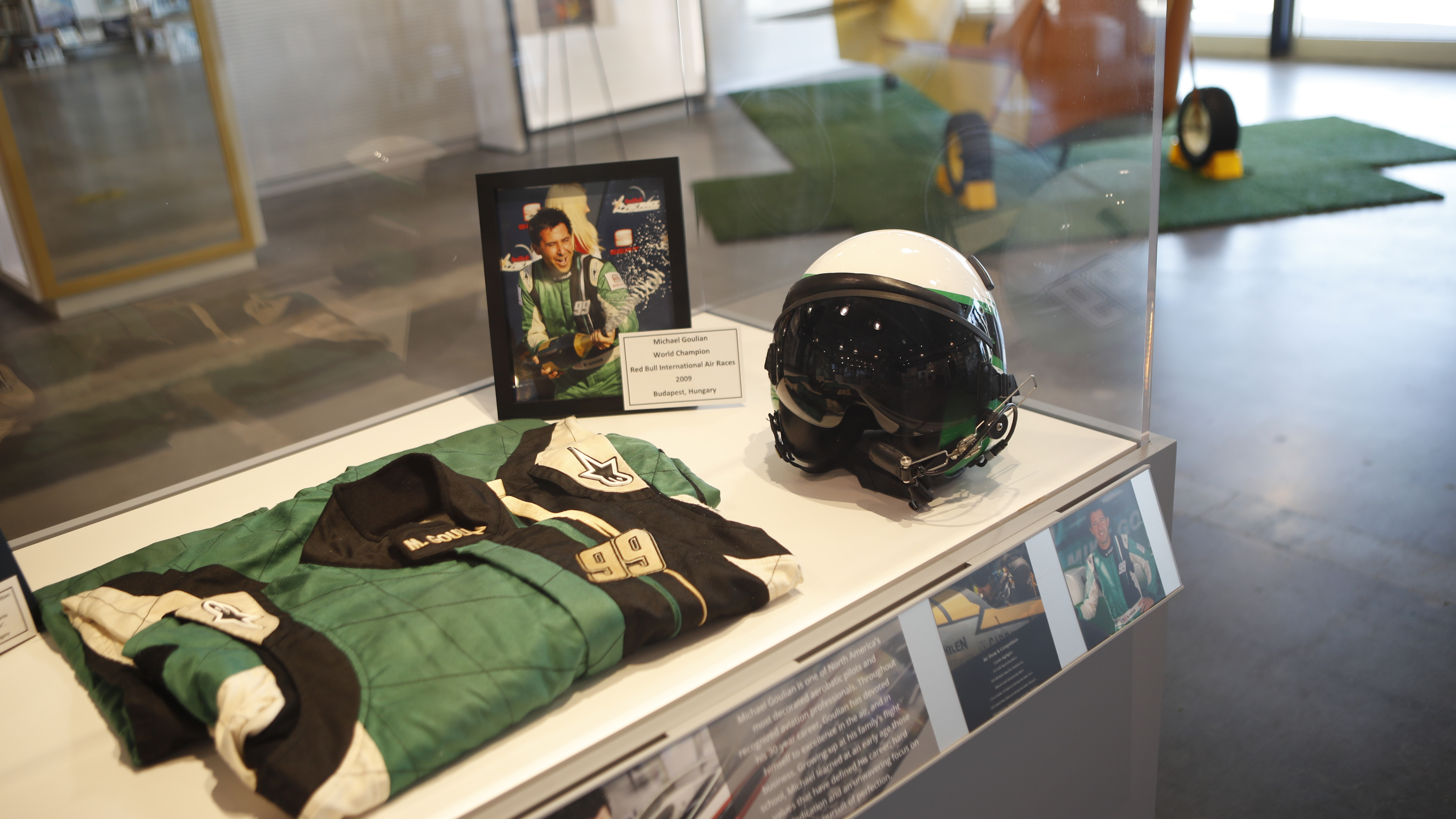 His race gear from the now-defunct Red Bull Air Races is on display in the museum.