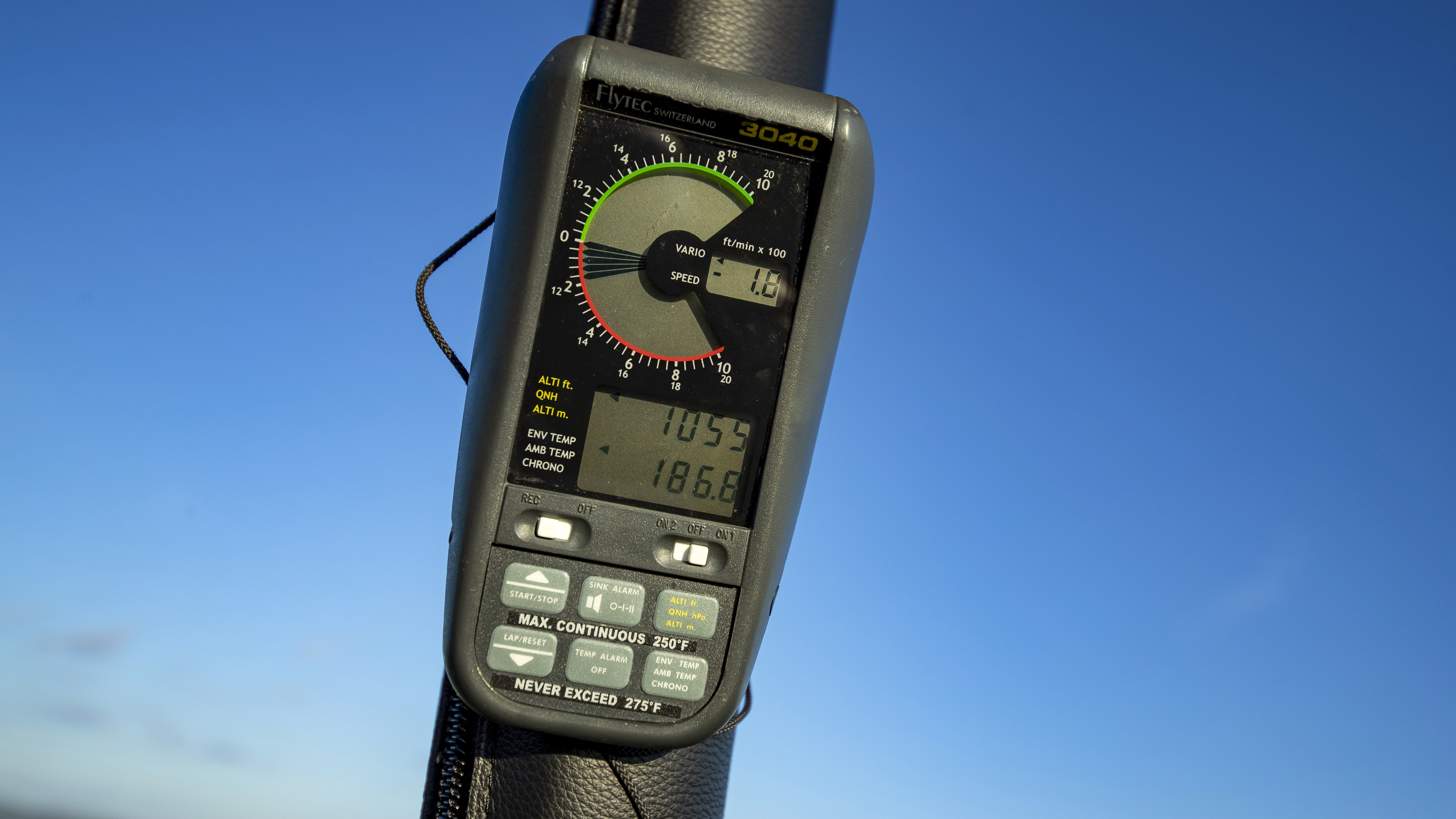 A Flytec 3040 with altimeter, pyrometer, and vertical speed indicator is a handy tool. The pyrometer tracks the envelope fabric temperature, which should not exceed 250 to 275 degrees F.