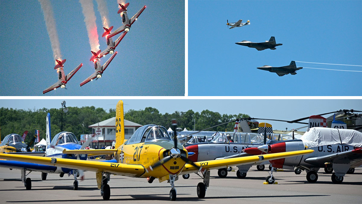 The Aeroshell Aerobatic Team performs in the night airshow (top left); a P–51 Mustang flies in formation with a pair of F–22 Raptors (top right); a Beechcraft T–34 Mentor taxies to the runway (bottom).