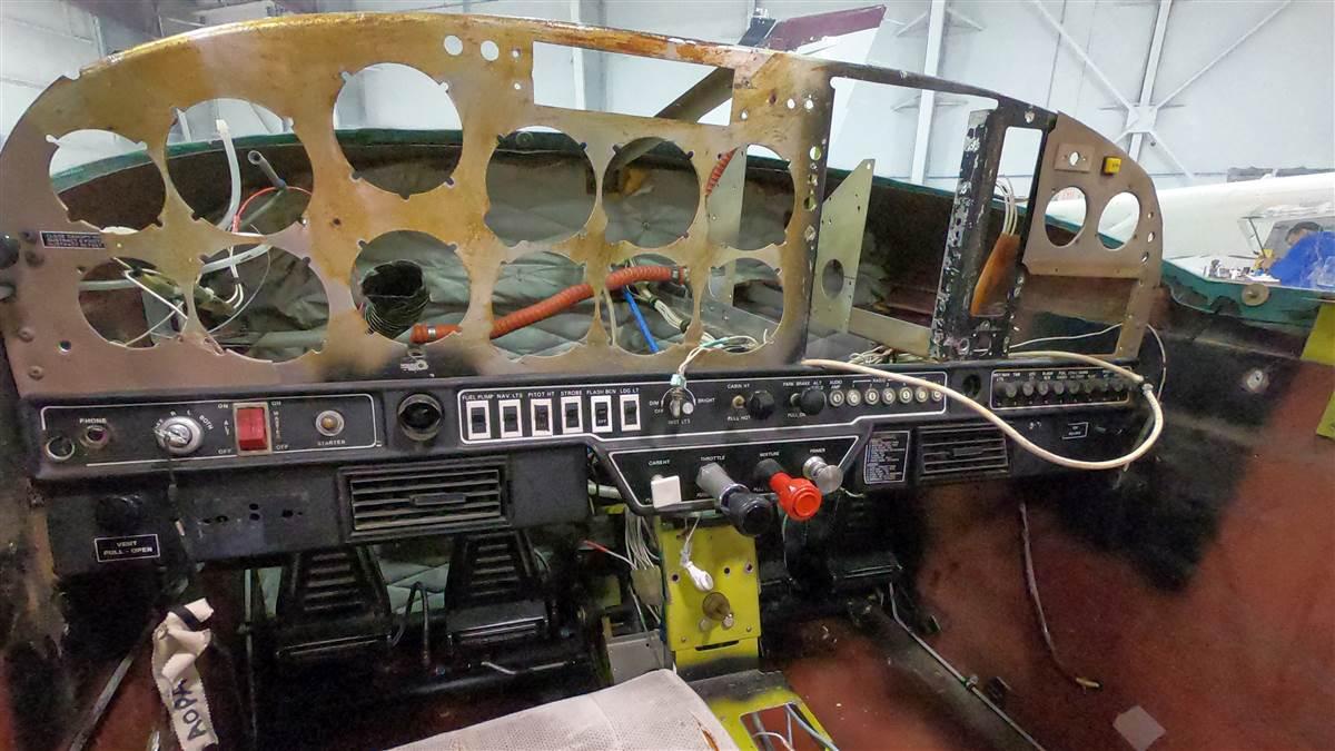 The skeletal remains of the Tiger’s instrument panel will soon be cut out of the aircraft. The glareshield has already been removed. J.A. Air Center will fabricate a new panel and glareshield to house the Tiger’s glass cockpit.