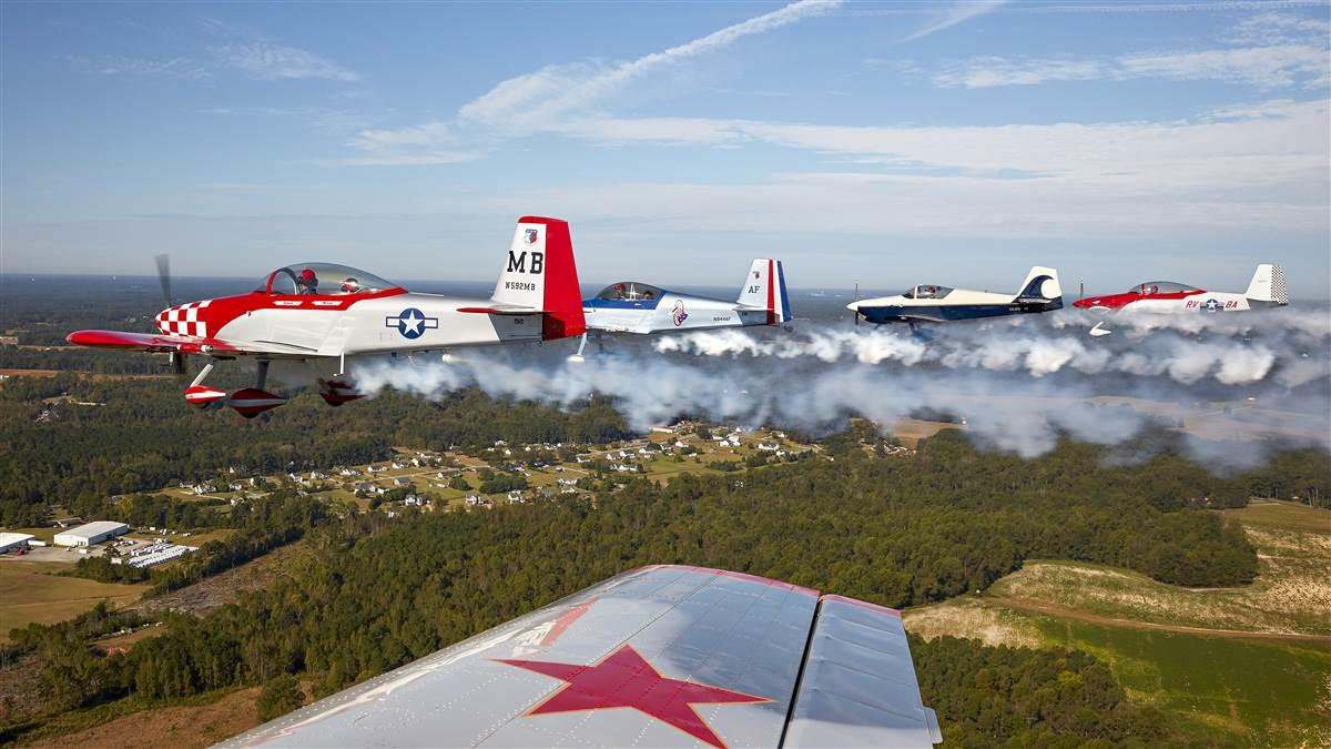 Van's Aircraft RVs are the most numerous among the Bandits, but Yak 52s (such as the photo ship in this image) also participate— and their nine-cylinder radial engines enhance flyovers with their throaty sound. Onboard smoke systems are essential for all participants.