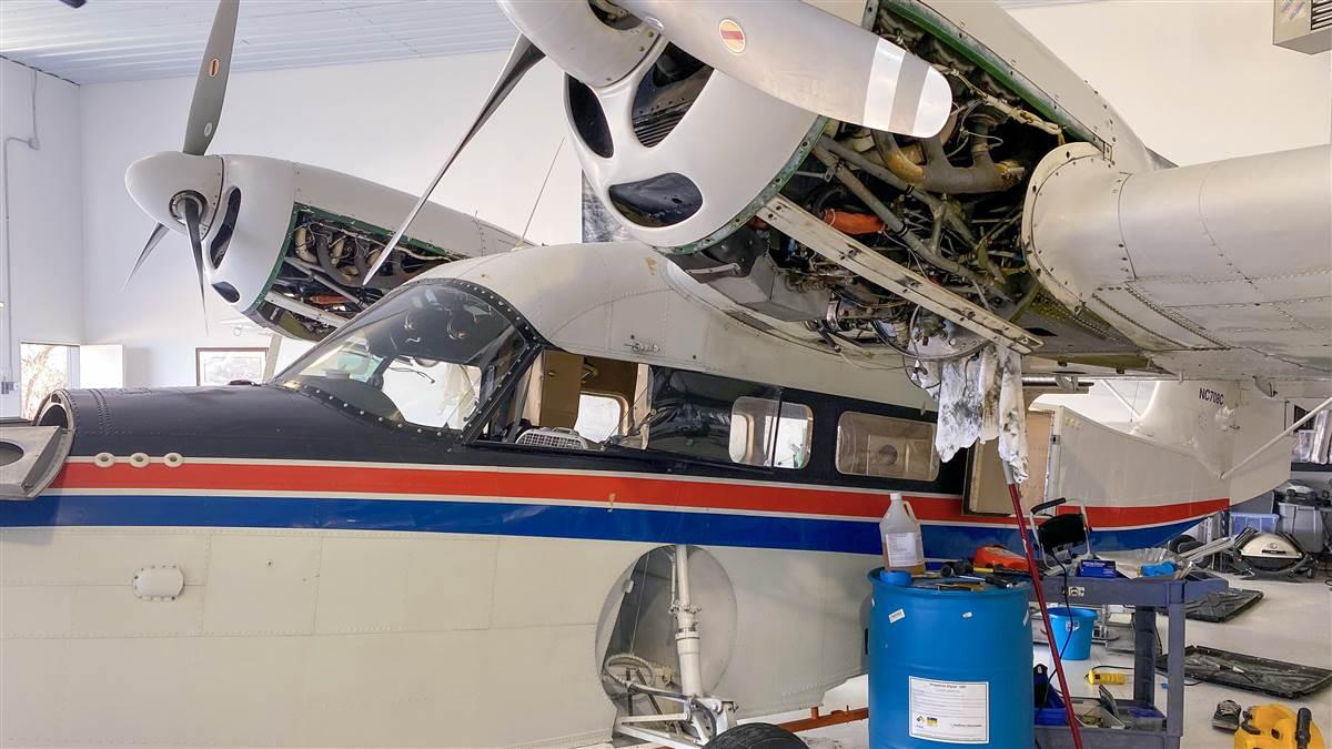 This 1944 Grumman Widgeon is a serial fuel leaker, and multiple attempts to plug constant drips of avgas from the wings have been unsuccessful. In a last-ditch effort to avoid removing and reskinning both wings, the owner hired a mobile team from SEAL Aviation in Florida to repair them in place.
