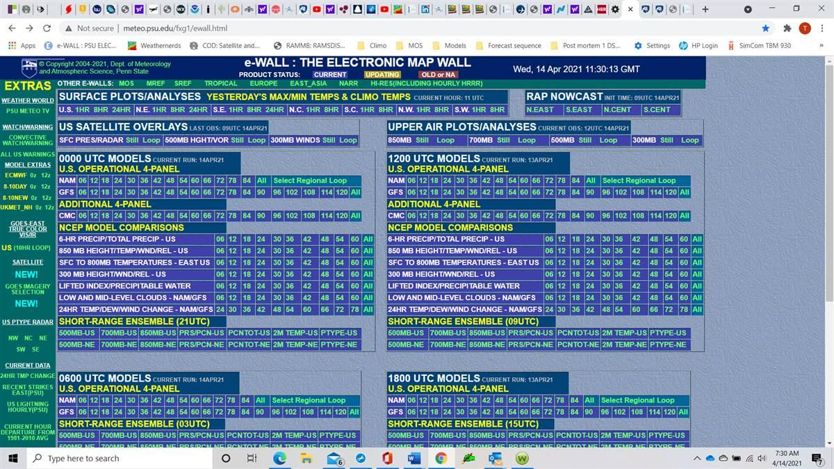 Penn State University's "E-Wall" is a jumble of products—but it can be one-stop shopping for meteorologists. Click on a forecast time in the NAM and GFS rows under the 0000-UTC and 1200-UTC Models headers to call up forecasts. Or click on the “All” buttons and mouse over the forecast times at the top of the forecast products (next image) to animate changing conditions. The six-panel GFS product below shows anticipated conditions 14 days in the future.