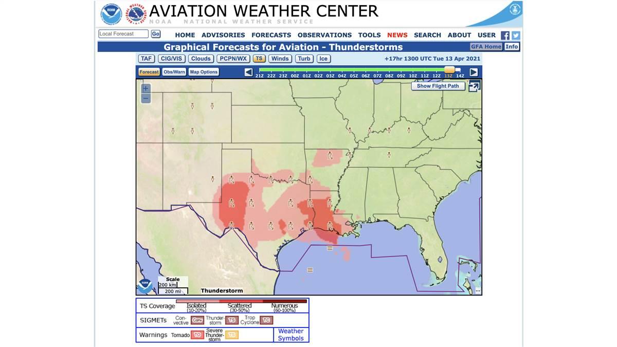 Aviation Weather Center's GFA tool looks up to 18 hours in the future. It effectively replaced the area forecasts of yore. Click on the hazard buttons at top, then use the time-slider to pick your forecast time of interest. Here, thunderstorm coverage areas are depicted for 13Z.