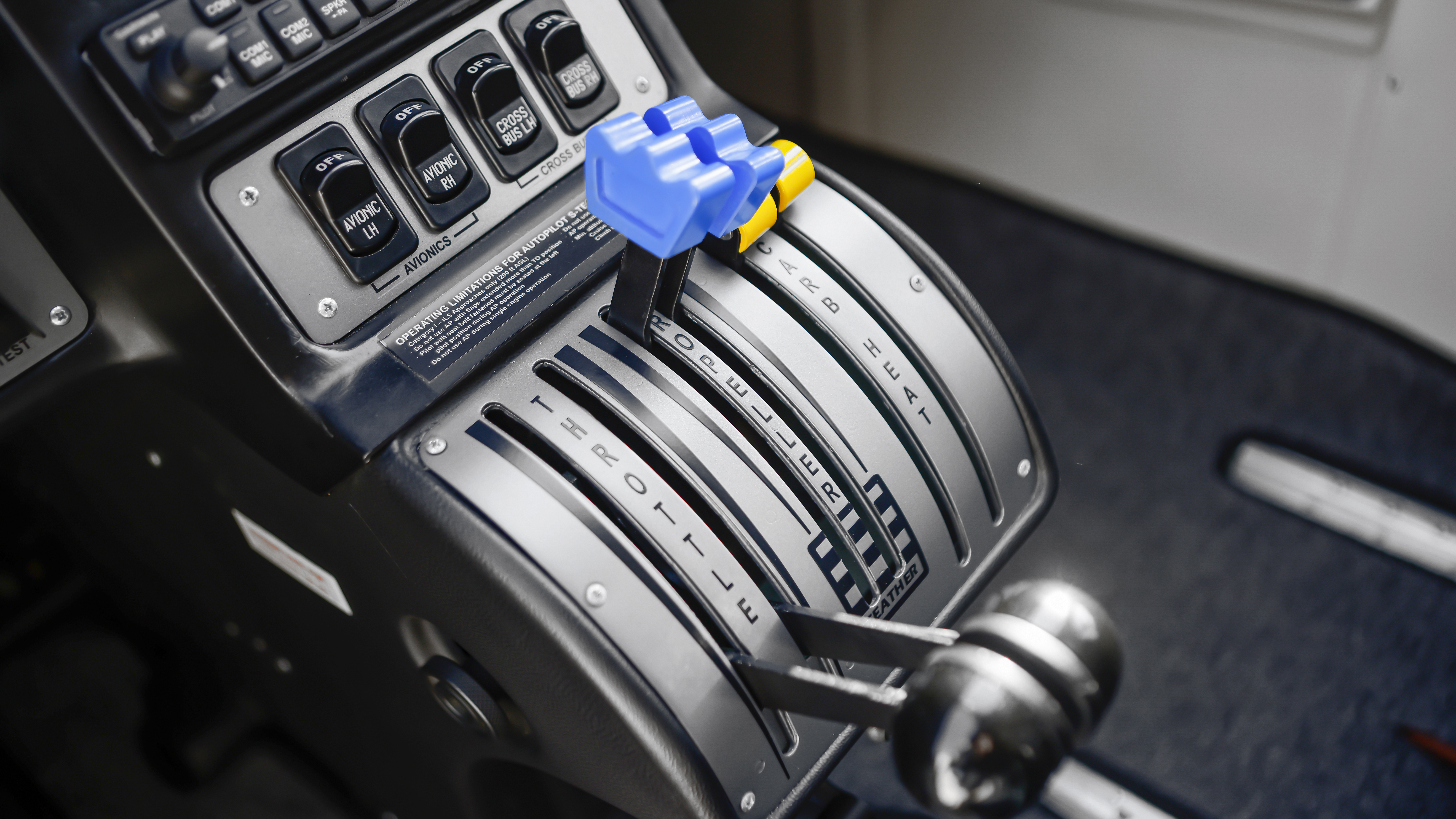 The P2006T was designed for both multiengine training and special missions such as maritime patrol. The throttle quadrant includes controls for throttles, propeller rpm, and carb heat—no mixture necessary because of the Rotax engines.