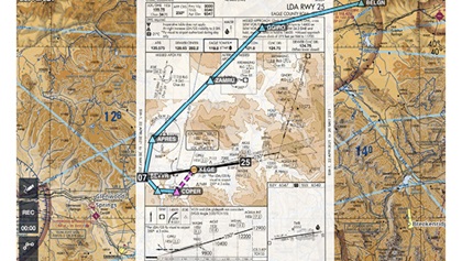 The terrain shading on the approach plate for the Eagle County LDA Runway 25 approach clearly shows why you need to be particularly alert to altitude and course changes. The BEVRR One departure leads the aircraft around the highest terrain for a safe northeast course.