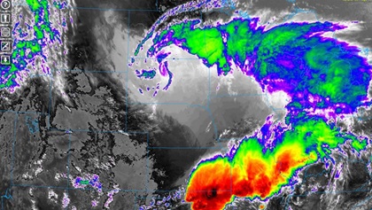 This infrared satellite view clearly shows the highest clouds in shades of red and yellow. These are the coldest tops in the cirrus-topped masses identified on the previous page’s shot from the visible channel. Cloud tops are lower over the northern midwest states. Some infrared imagery providers even post a temperature scale that lets you see precise cloud temperatures.