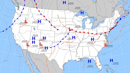 Surface analysis chart for 18Z on May 27, 2021. A center of low pressure is over Iowa, with a warm front extending to the east, and a cold front extending to the southwest. Tropical air coming from the “back side” of a high in the Gulf of Mexico runs into an outflow boundary ahead of the cold front, causing widespread vertical development and thunderstorms.