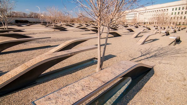 The National 9/11 Pentagon Memorial honors the 184 victims killed when American Airlines Flight 77 crashed into the building. It features 184 benches in memory of each of those who died in Arlington, Virginia. It was dedicated September 11, 2008. pentagonmemorial.org