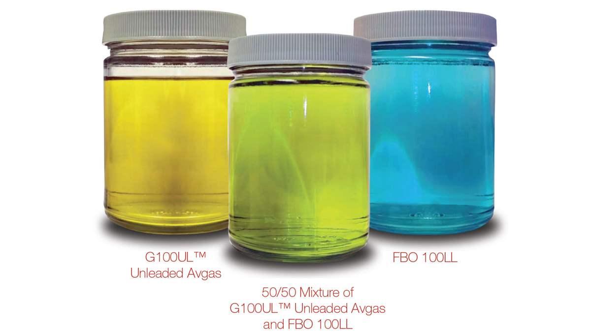 Amber G100UL (left) becomes pale green (center) when mixed with blue 100LL avgas (right). G100UL creator General Aviation Modifications Inc. says the two fuels can be safely blended in any combination, making it easy for FBOs to mix the new fuel with existing 100LL during the transition.