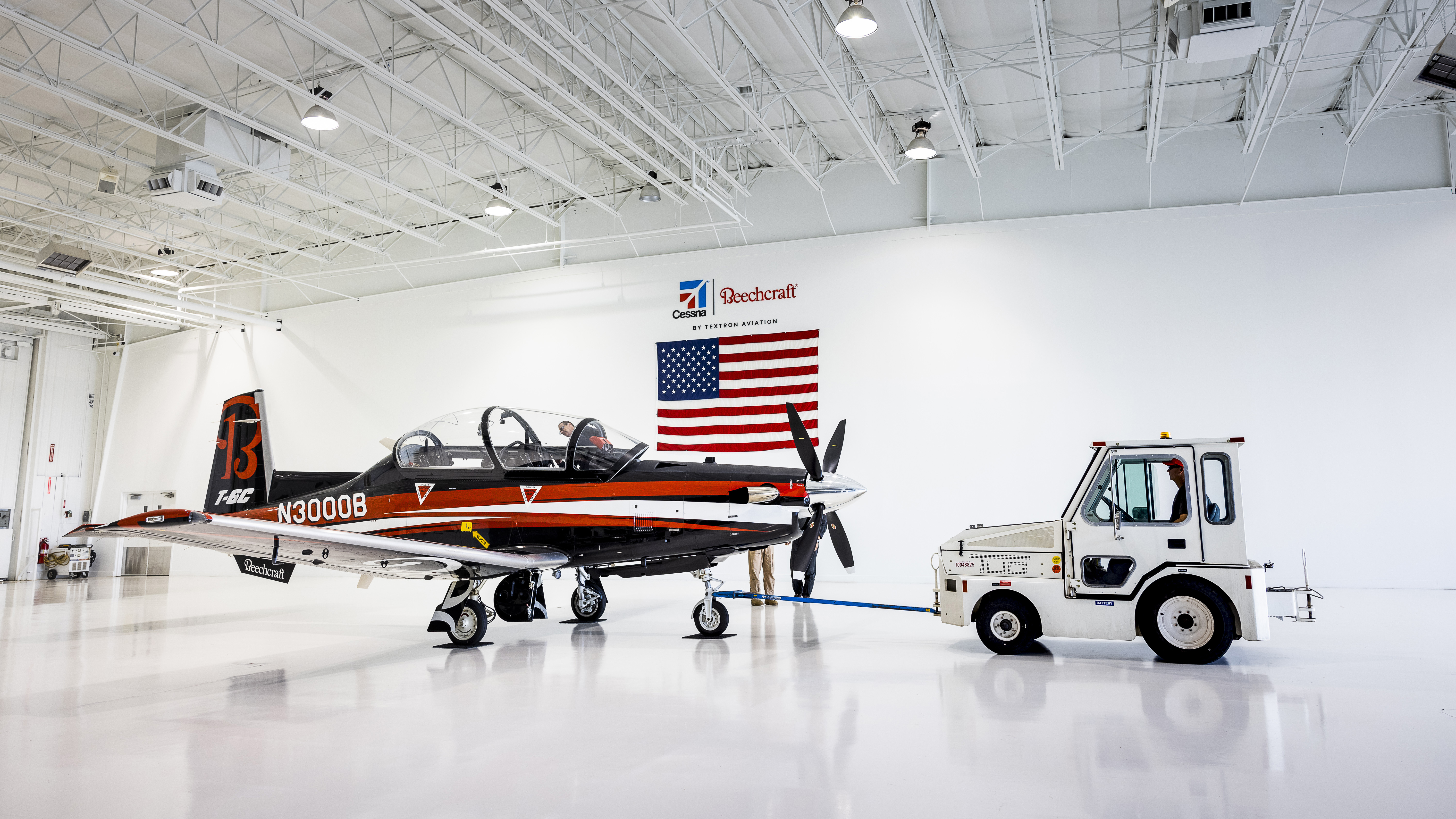 The T–6C demonstrator in the Beechcraft delivery center’s spotless showroom, ready to be tugged to the ramp.
