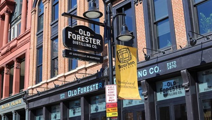 Louisville, Kentucky  USA-February 25, 2021: A sign for the Old Forester Distilling Co. in downtown Louisville, Kentucky on Whiskey Row