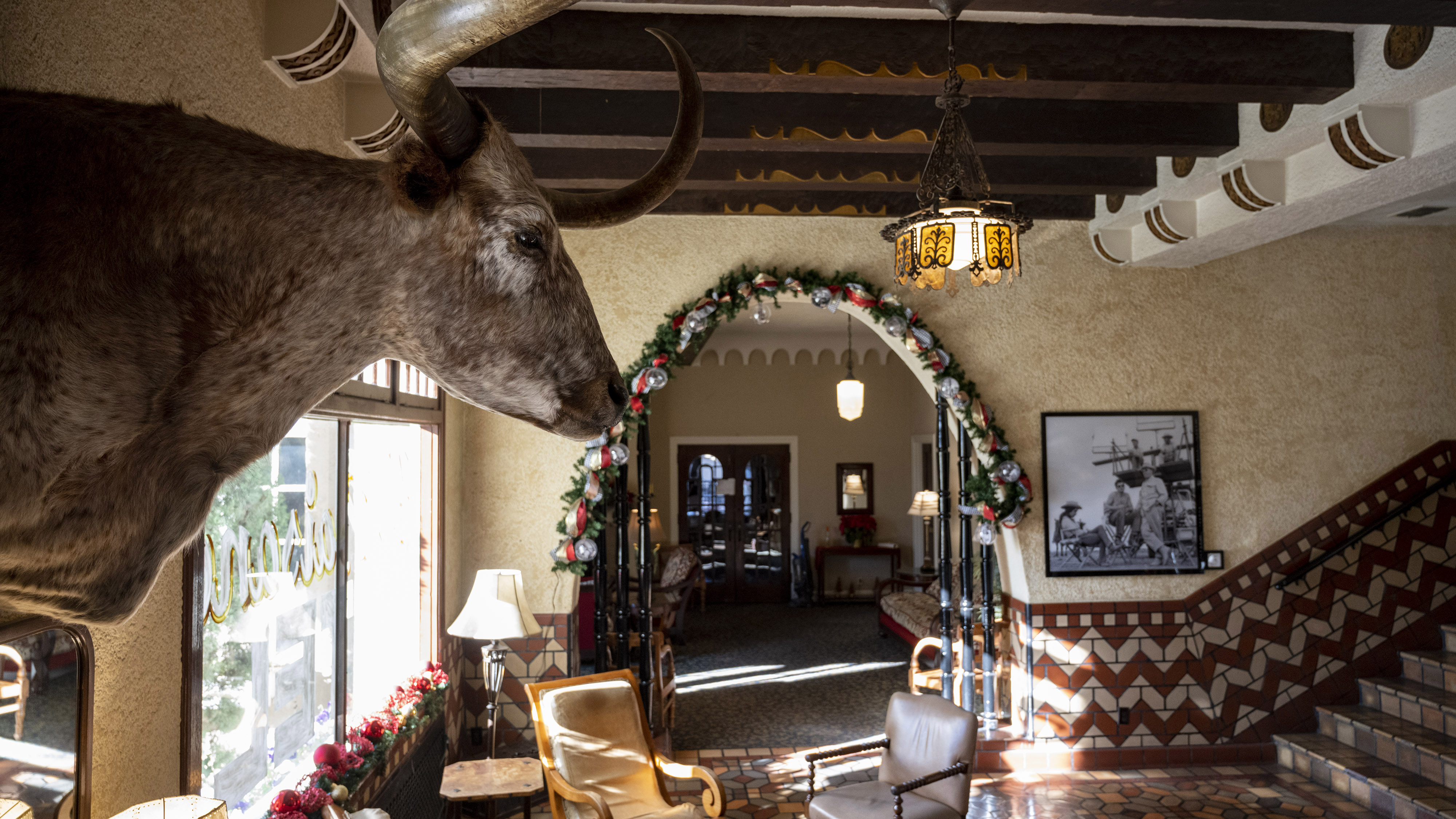 The elegant lobby of the Hotel Paisano, built in 1930. The hotel is where the cast and crew of 'Giant' stayed while the film was being made in 1955.
