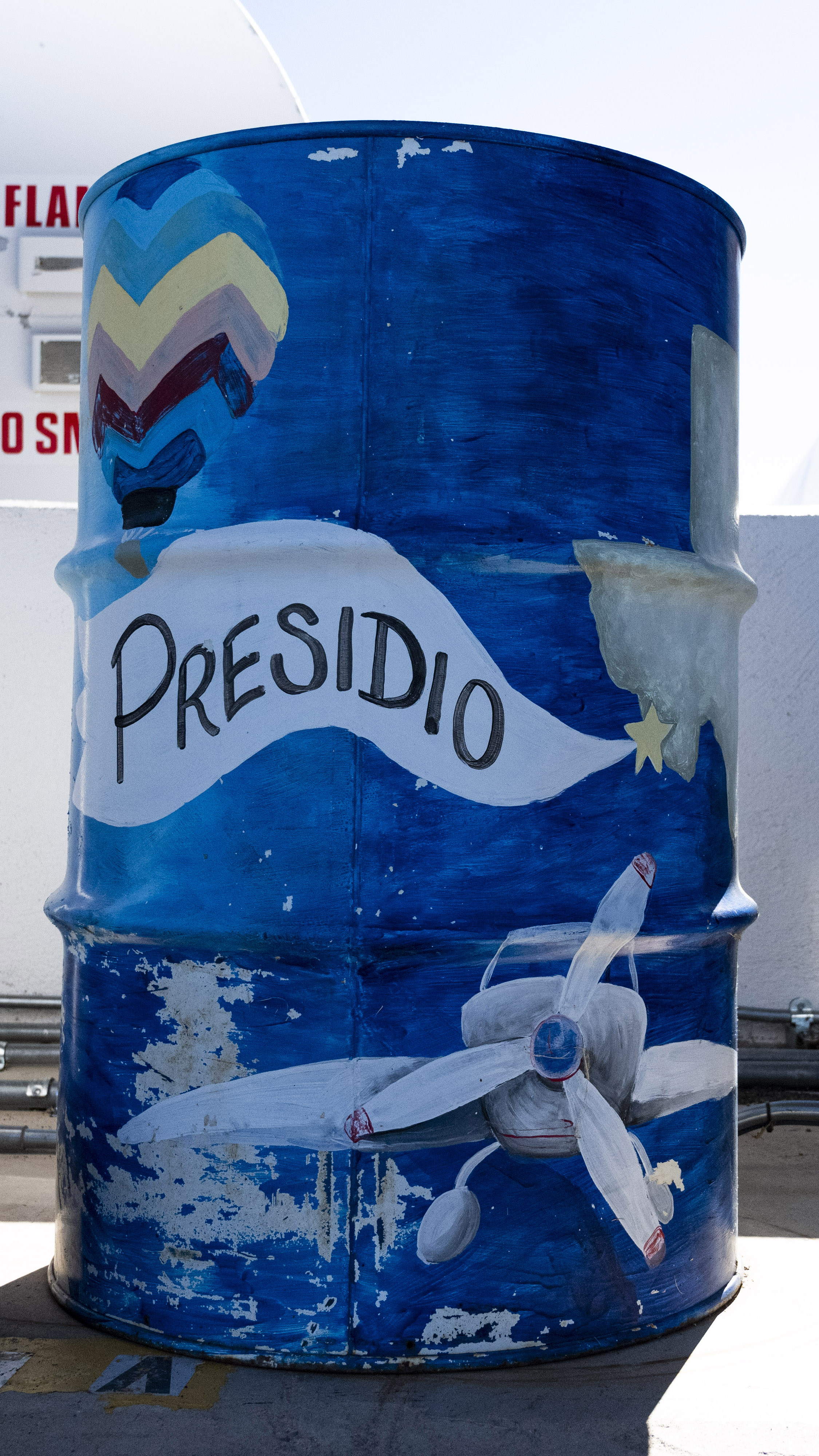 Aviation themed trash can at Presidio County Airport