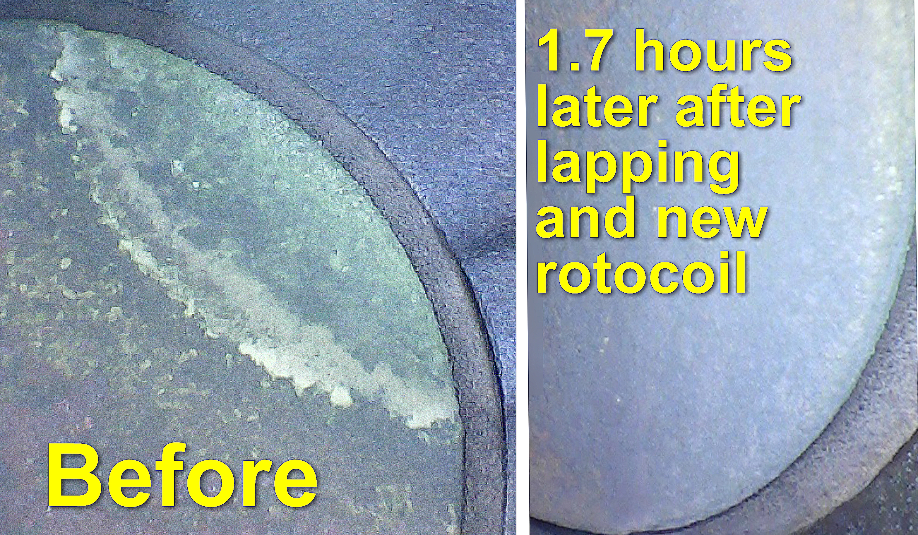 Badly burned exhaust valve, and the same valve 1.7 hours after the valve was lapped in place and the failed rotocoil replaced.