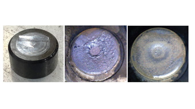 Failed Lycoming rotator cap (left) resulted in a hot spot on this exhaust valve (center). Lapping the valve in place and installing a new rotator cap resulted in a healthy looking valve 10.7 hours later.