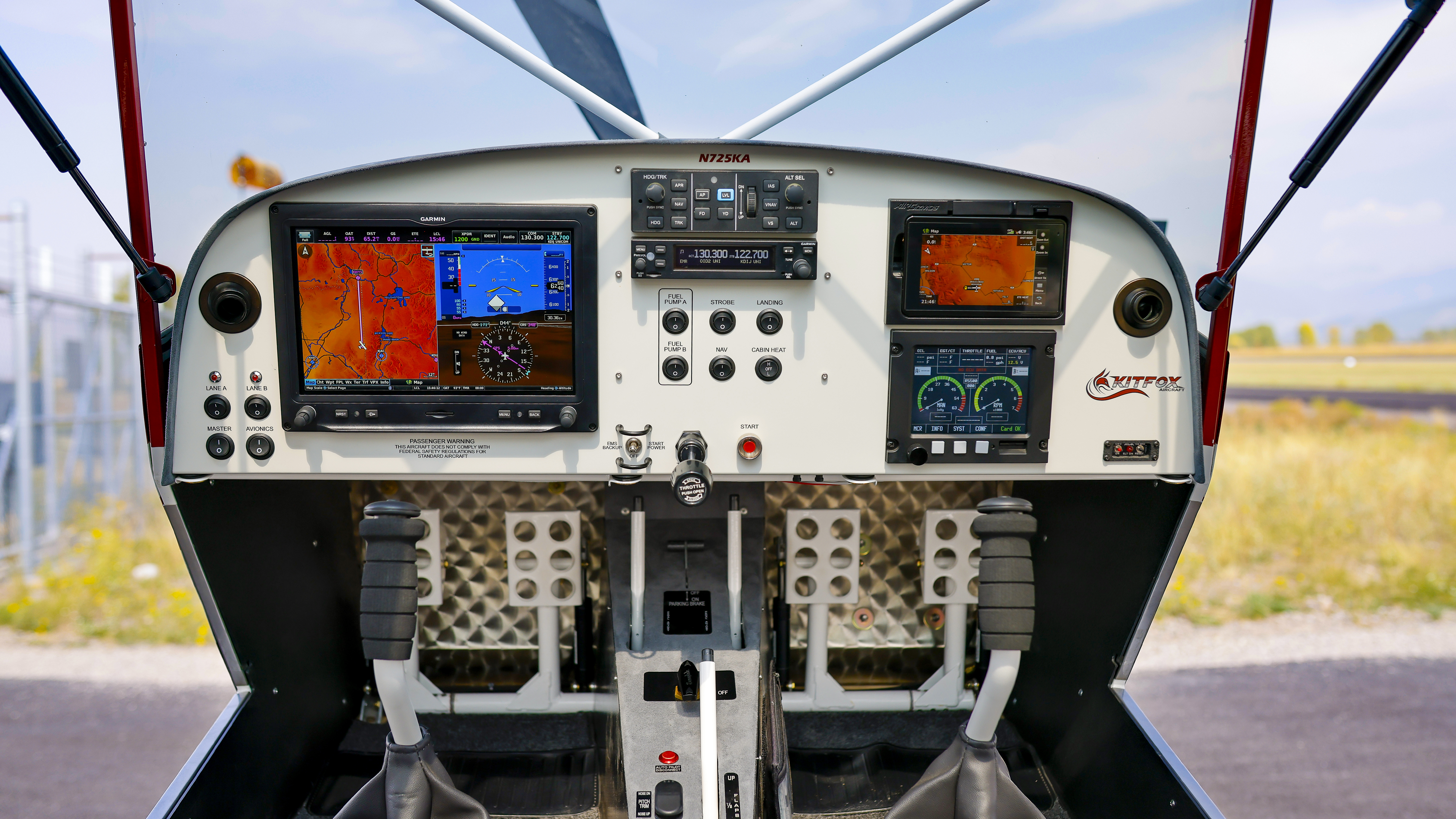 Panel options vary widely, but the 10-inch Garmin G3X shown here with an autopilot is one of the most popular among kit builders. A single throttle (in the middle of the panel) controls both engine power and blade pitch on the three-blade MT propeller.