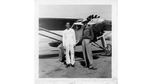 The author and Jimmy Stewart in front of the 'Spirit of St. Louis' replica in 1956.