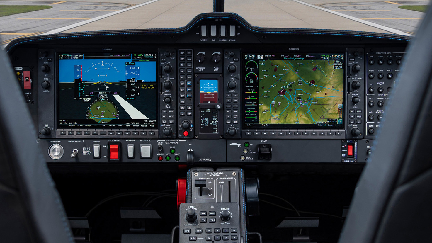 Garmin’s G1000NXi avionics and GFC 700 flight control system are standard equipment; TKS ice protection and oxygen systems are options.
